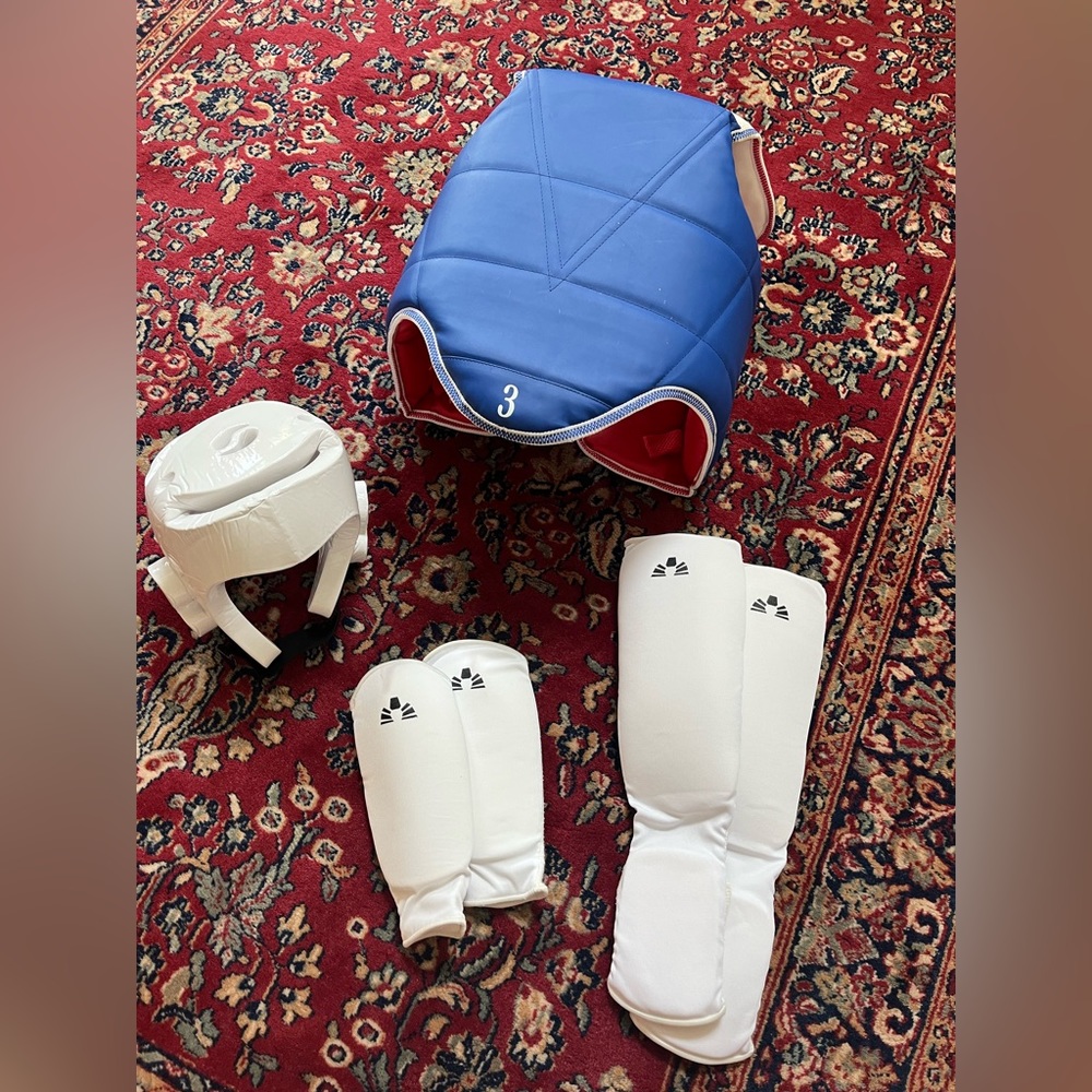 Taekwondo sparring gear! Head gear, chest protector, forearms and shins